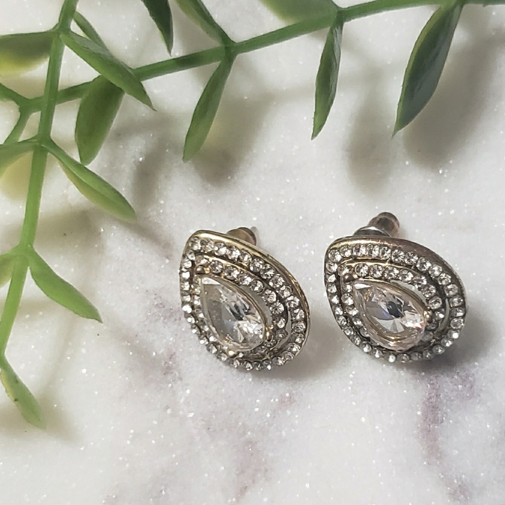 Gold and White Rhinestone Stud Earrings